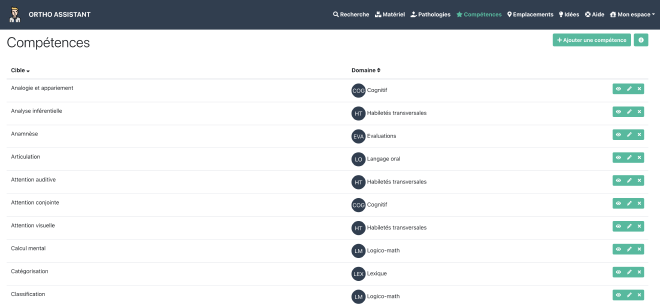 La liste des compétences dans Ortho Assistant